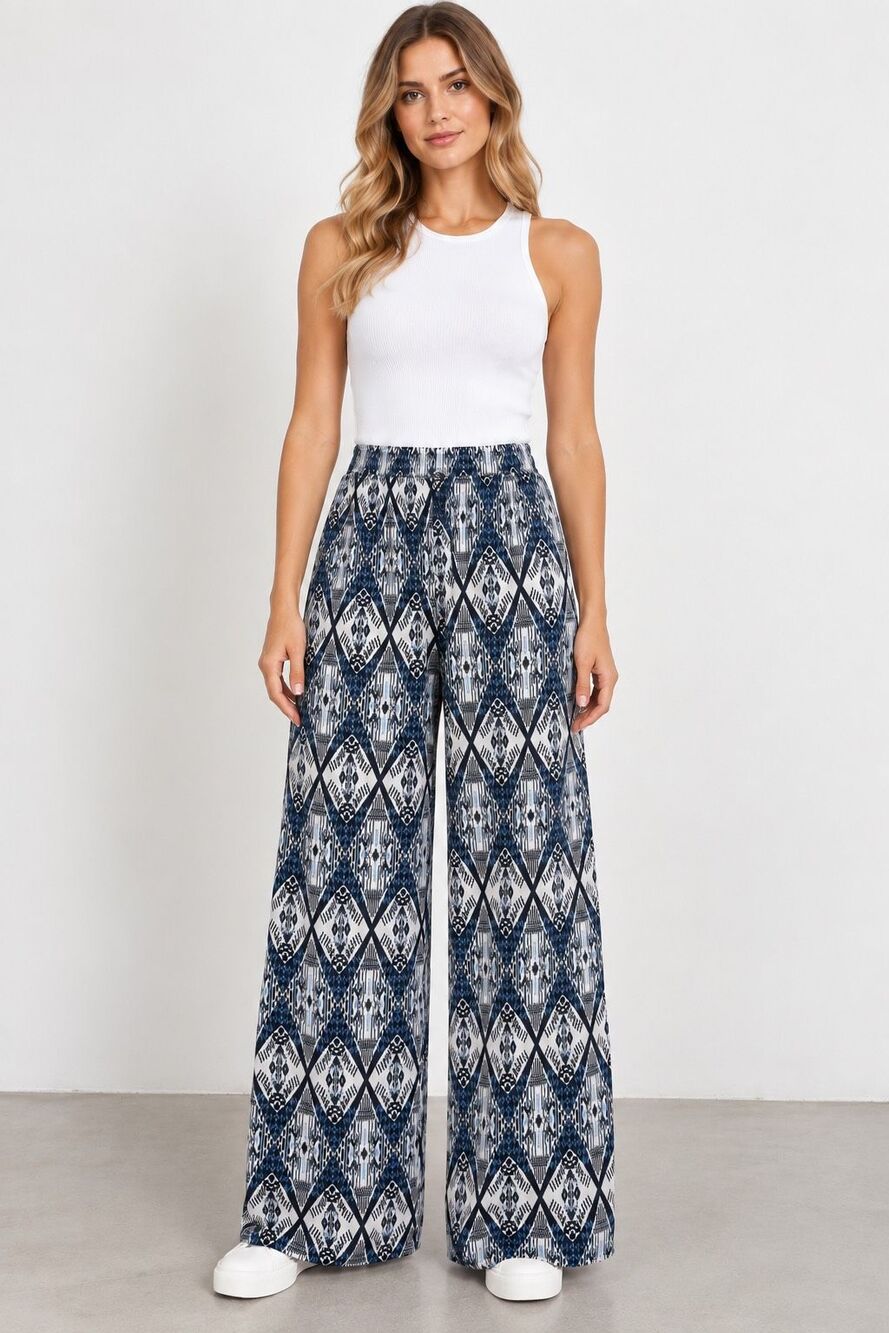 Mille Gabrielle Wide Leg Palazzo Pants Blue Black White Geometric Print Size 2X